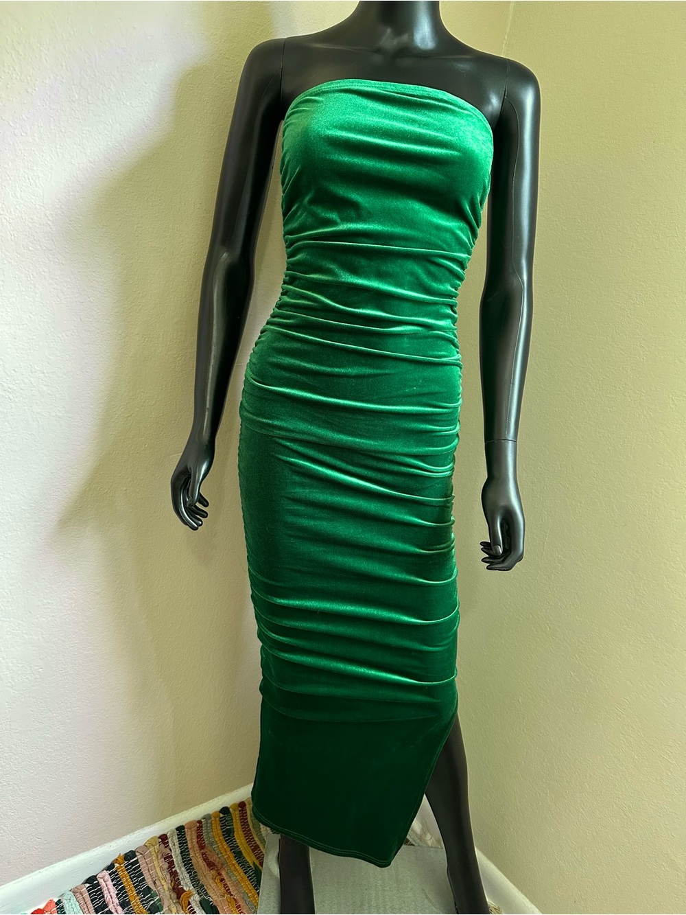 Emerald Green Strapless Ruched Velvet Velour Enchanted Midi Dress